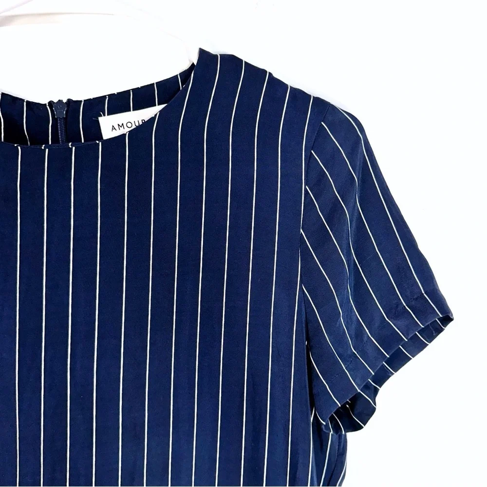 Amour Vert Pin Stripe Ruffle Hem Silk Mini Dress In Navy Blue Size S - Picture 4 of 9